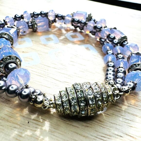 Three Strands Opalite w/ Faux Pearl Beaded Bracelet Rhinestones Magnetic Closure - Picture 4 of 10